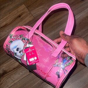 Ed Hardy Pink Floral Skull Cosmetic Bag